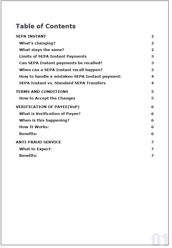 A contents page listing topics on SEPA Instant Payments, verification of payee, terms and conditions, anti-fraud service, and SEPA 2025 developments, with corresponding page numbers ranging from 2 to 7.