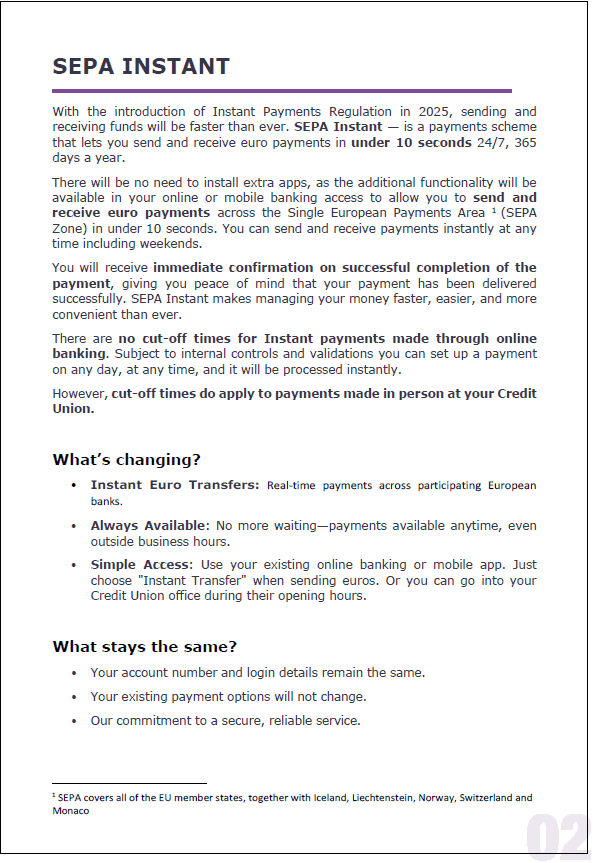 A page titled SEPA INSTANT explains SEPA Instant Payments, enabling instant euro transfers in under 10 seconds, available 24/7. It highlights no cut-off times, immediate payment confirmation, key changes, and updates coming in 2025. Some text is bolded for emphasis.