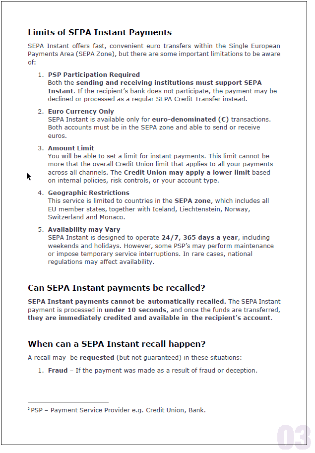 A 2025 document outlining the limits of SEPA Instant Payments, listing requirements such as PSP participation, euro currency, amount limit, geographic restrictions, and 24/7/365 availability, with footnotes and explanatory text.