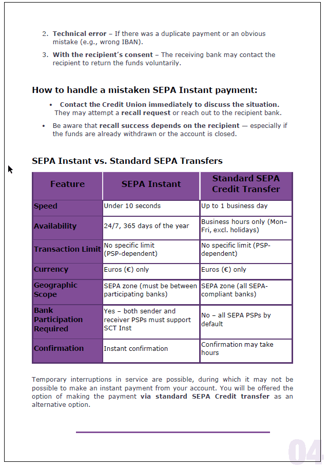 A page explaining how to handle a mistaken SEPA Instant Payment, featuring a purple table comparing SEPA Instant Payments vs. Standard SEPA Transfers by speed, availability, transaction limit, currency, cost, and bank requirement—updated for SEPA 2025.