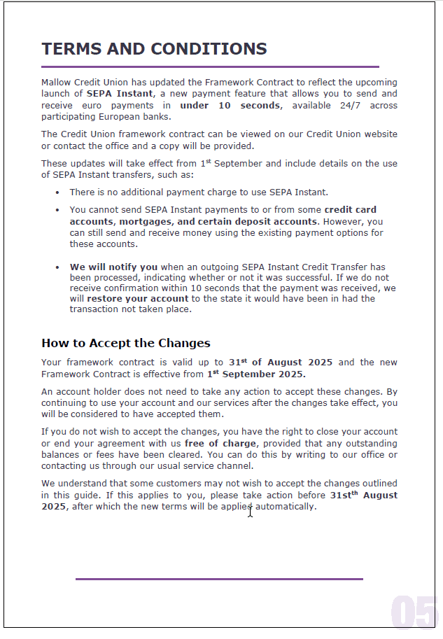 A document titled TERMS AND CONDITIONS details updates for SEPA Instant Payments in 2025, with no extra charges, and outlines how to accept the changes, which will apply automatically from 31 August 2025.