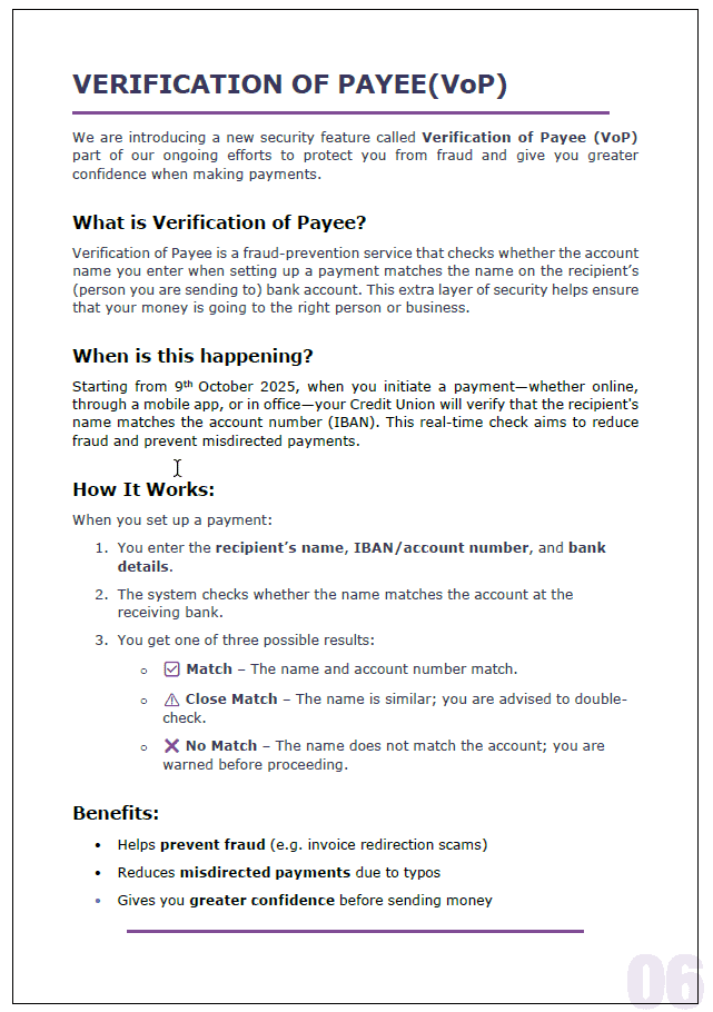 A document titled Verification of Payee (VoP) explains a new security feature for SEPA Instant Payments, detailing what VoP is, its October 2025 launch, how it works, and bullet-pointed benefits to protect instant payments.