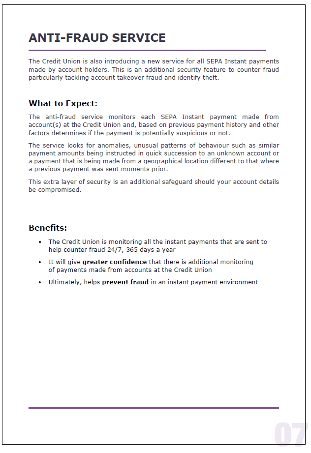 Document titled ANTI-FRAUD SERVICE details the Credit Union’s new 2025 SEPA Instant Payments security feature, outlining what to expect and highlighting benefits like enhanced security, increased confidence, and effective fraud prevention.