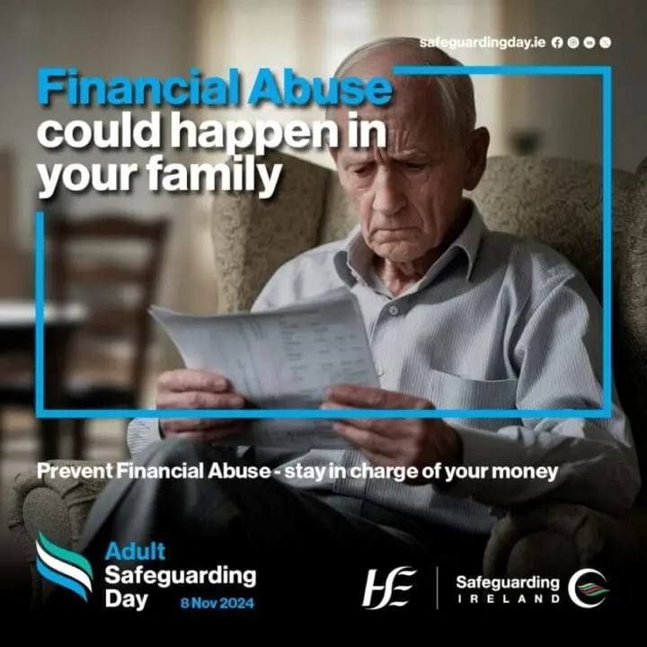 An older man sits in an armchair reading documents with a concerned expression. Text warns about financial abuse in families and promotes Adult Safeguarding Day on 8 November 2024, urging people to help prevent financial abuse.