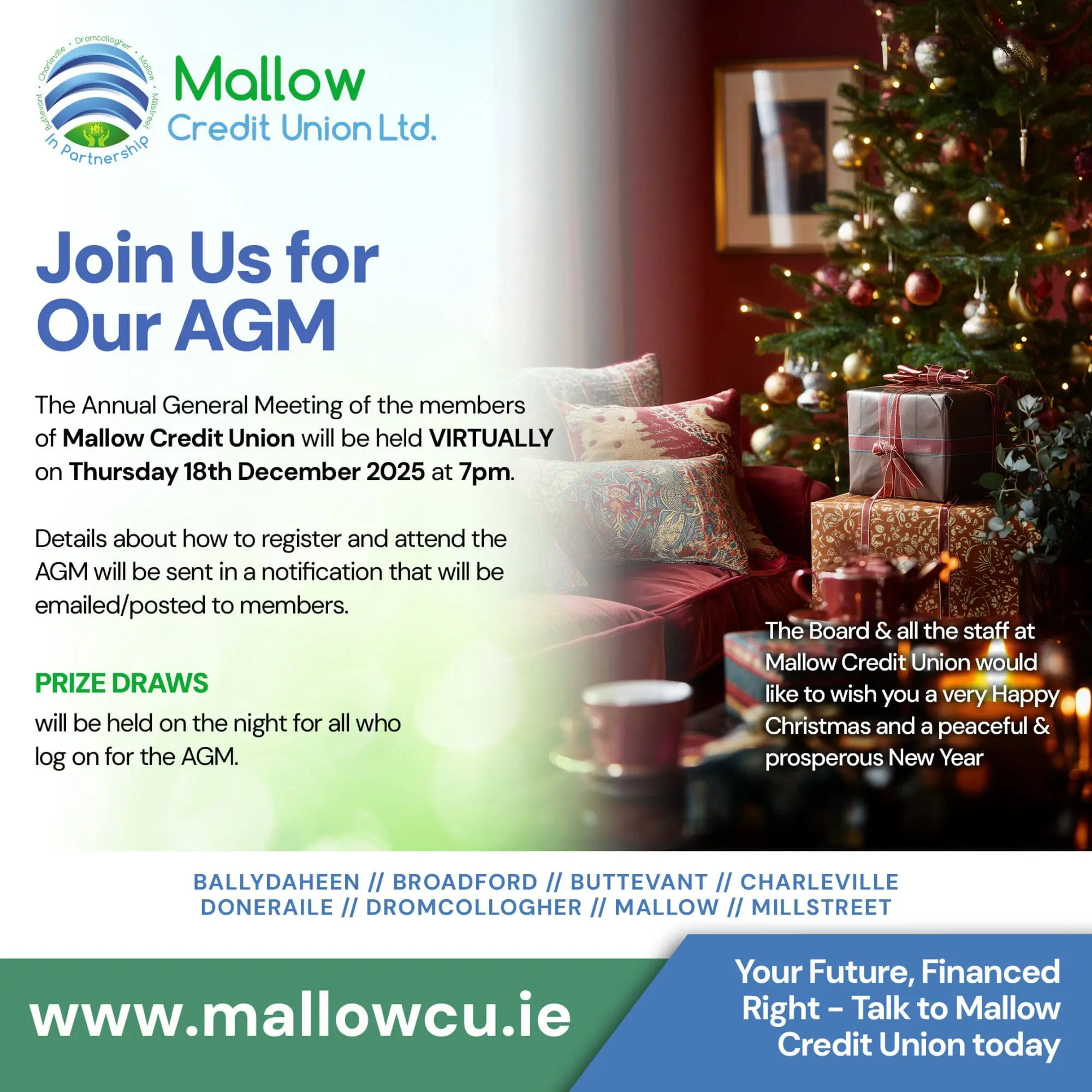 A festive Christmas scene with a decorated tree and gifts, alongside a notice for Mallow Credit Union’s virtual AGM on 18 December 2025 at 7pm, including info on registration, prize draws, and holiday greetings.