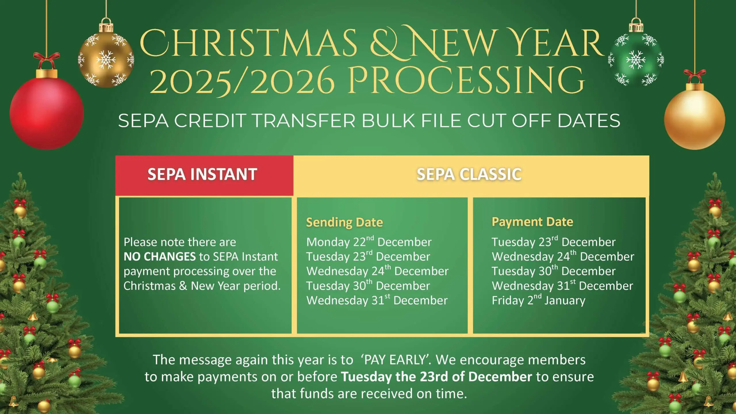 Festive green and gold banner titled Christmas & New Year 2025/2026 Processing, detailing SEPA Instant (no changes) and SEPA Classic transfer cut-off dates, with a reminder to check Christmas payment cut-off and make payments early before 23 December.