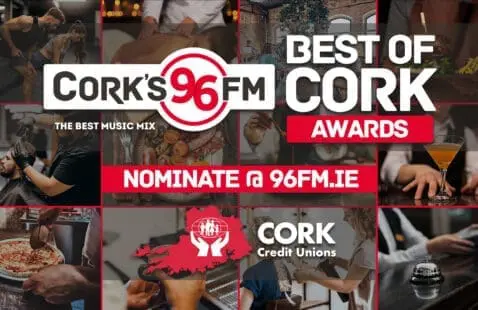 Promotional graphic for Cork’s 96FM Best of Cork Awards with nomination info. Background features a collage of local businesses, whilst Cork Credit Unions and Mallow Credit Union logos appear at the bottom.