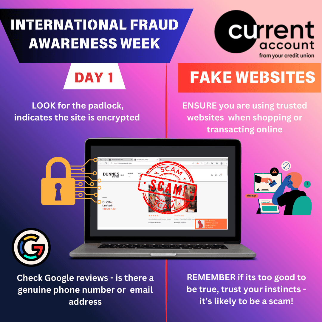 A graphic for International Fraud Awareness Week warns about Fake Websites—check for a padlock, use trusted sites, read Google reviews, and be wary of deals that seem too good to be true.