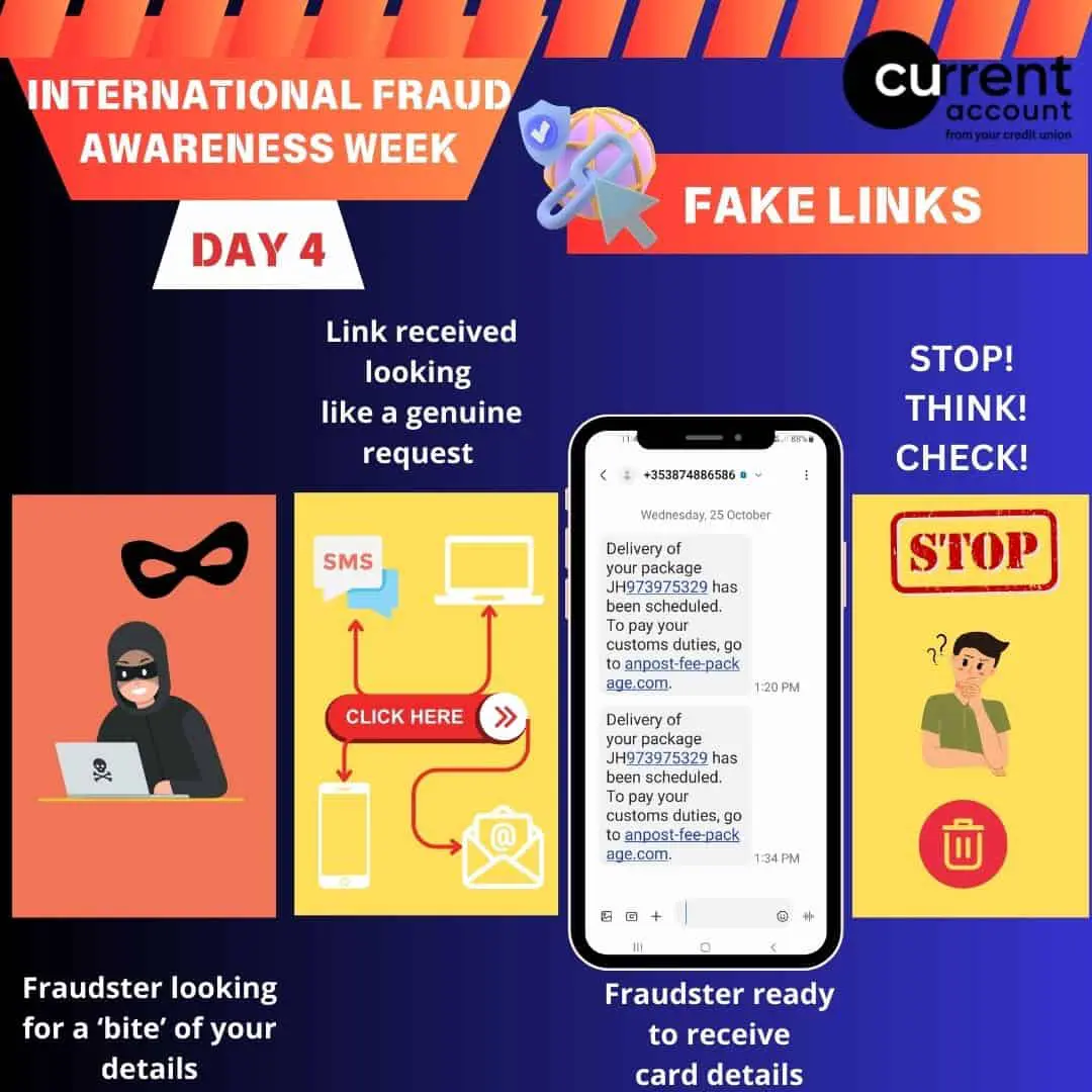 A fraud awareness graphic warns against fake links and fake websites, showing a masked fraudster, suspicious SMS messages, a mobile with a phishing text, and reminders to stop, think, and check before clicking during International Fraud Awareness Week.