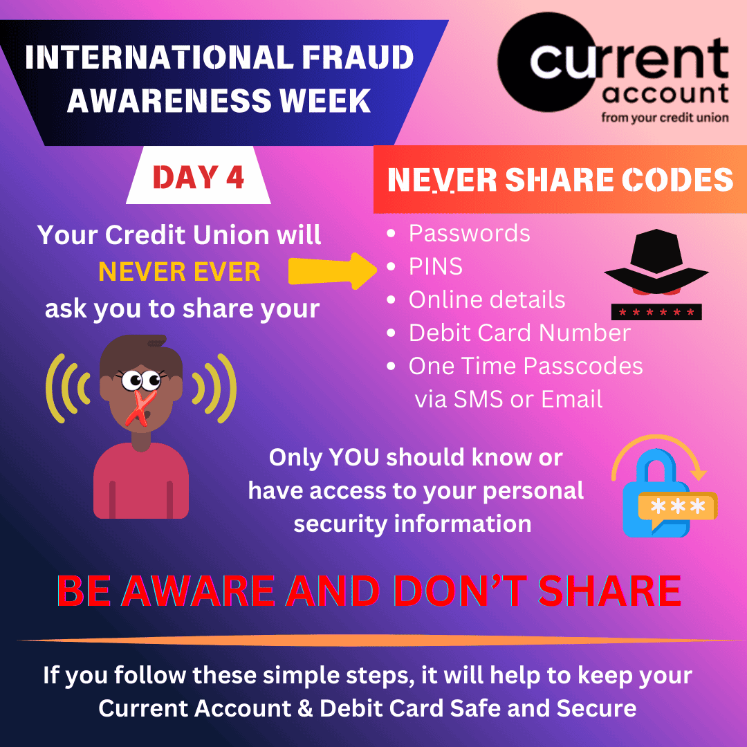 A colourful poster for Fraud Awareness Week warns not to share codes, passwords, PINs, online details, debit card numbers, or passcodes. It highlights that your credit union will never ask for these crucial fraud prevention steps.