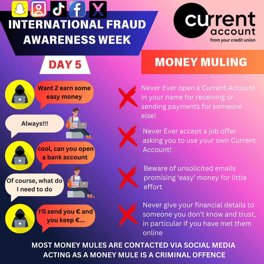 An infographic titled Fraud Awareness Week: Money Muling highlights fraud prevention tips, warning against opening accounts for others or sharing financial details on social media to avoid money muling scams.