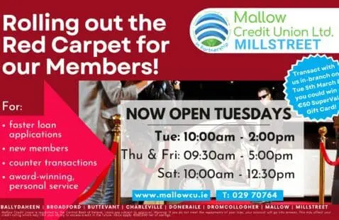 Promotional banner for Mallow Credit Union Ltd. Millstreet, highlighting new Millstreet opening hours, member benefits, and a gift card prize draw. The red carpet event backdrop features velvet ropes and guests in formal attire.