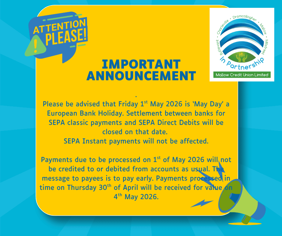 A yellow speech bubble with the heading IMPORTANT ANNOUNCEMENT explains that 1st May 2026 is a European Bank Holiday; some payments will be delayed. The Mallow Credit Union Limited logo appears in the top right corner.