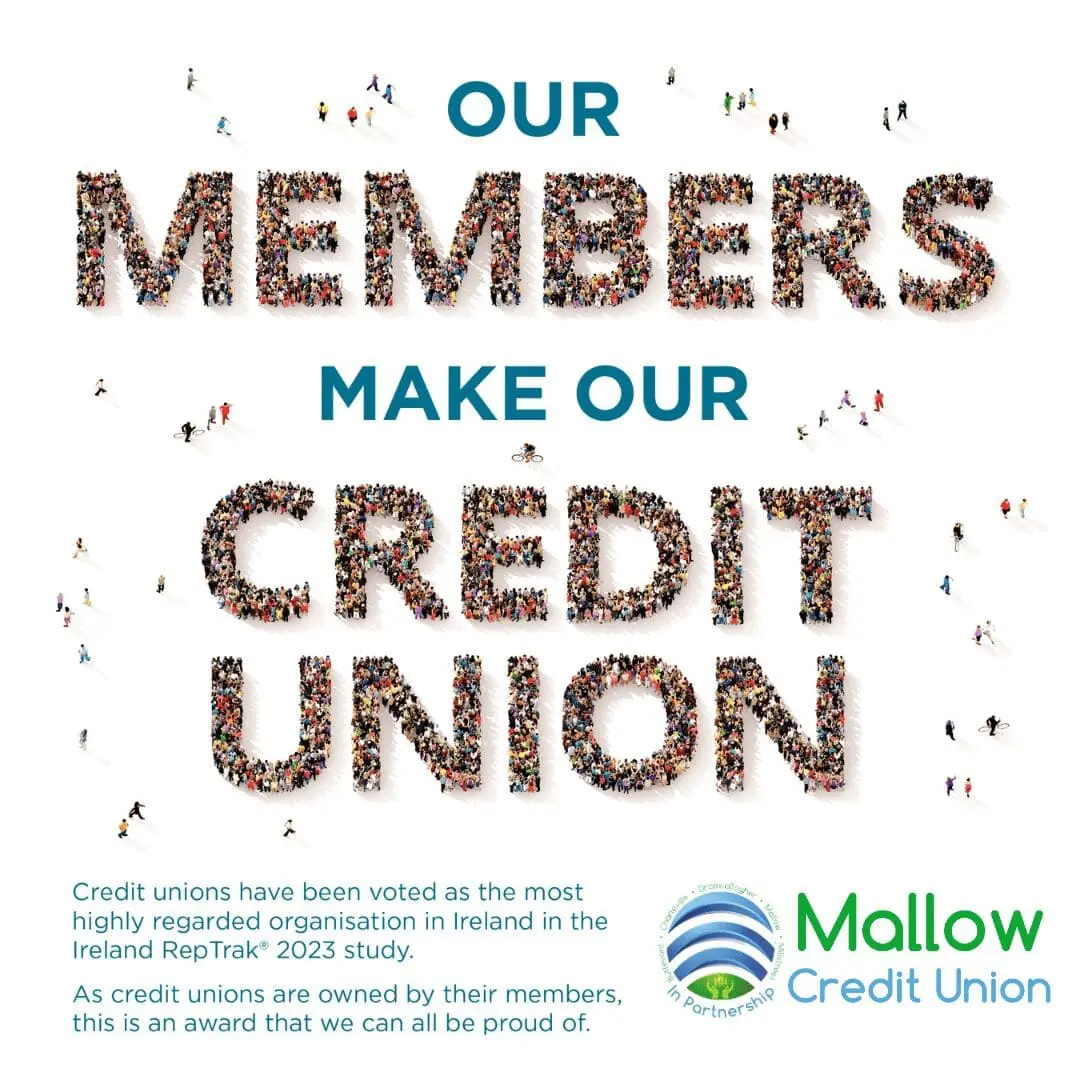 A large group of small, illustrated people form the words OUR MEMBERS MAKE OUR CREDIT UNION. Below is text highlighting credit unions’ positive Reptrak reputation, with the Mallow Credit Union logo in the lower right corner.