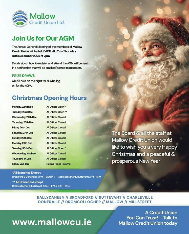 A festive poster for Mallow Credit Union announces their AGM meeting, lists Christmas Opening Hours 2025, and features a smiling elderly woman in winter clothes holding a present, with snowy trees and holiday decorations in the background.