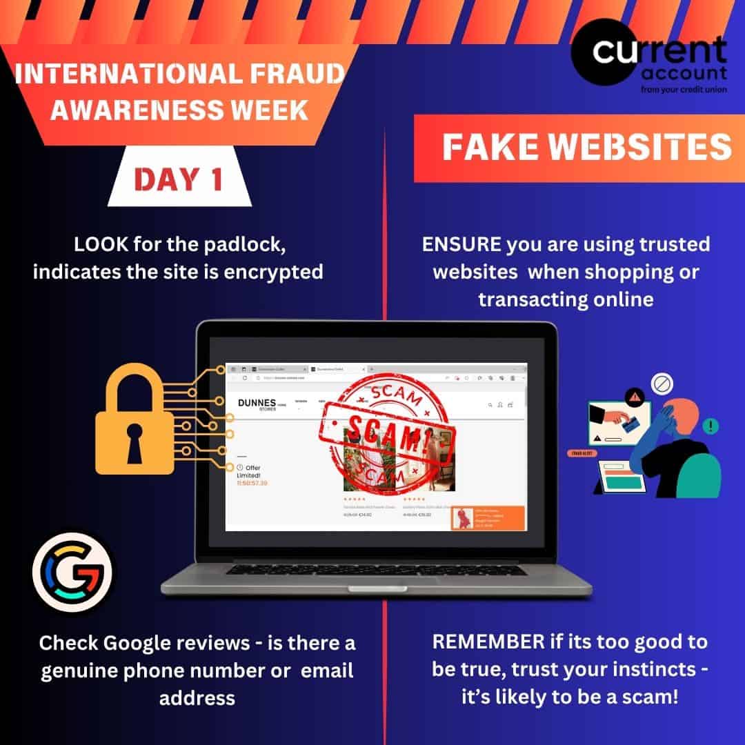 Informational poster for International Fraud Awareness Week. Tips include checking for a padlock symbol, avoiding fake websites, using trusted sites, reading Google reviews, and being wary of offers that seem too good to be true.