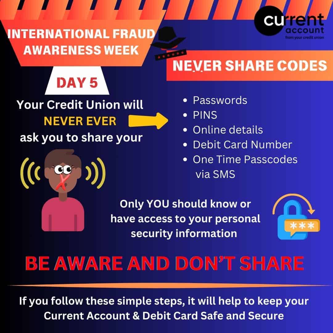 Infographic for International Fraud Awareness Week warns to never share passwords, PINs, online details, debit card numbers, or one-time codes. Watch out for fake websites—your credit union will never ask for these. Be aware and don’t share your security information.